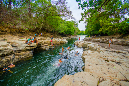GUALACA, PANAMA - APRIL 20, 2015 :Los Cangilones de Gualaca is one of the best natural swimming baths in the province of Chiriquí and major tourist attractionのeditorial素材