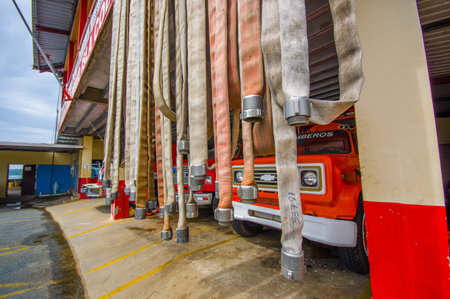 BOCAS DEL TORO, PANAMA - APRIL 23, 2015 : Fire house hoses with firetruck on Bocas town.