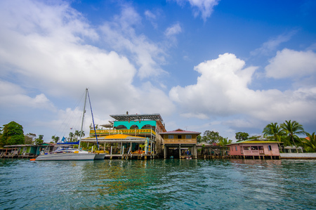 BOCAS, PANAMA - APRIL 15, 2015: Houses on the shore of the island of Colon in Bocas del Toro which is the capital of the province of the same name in the Caribbean West of Panama.のeditorial素材