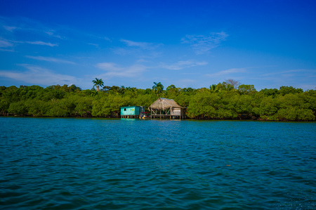 BOCAS DEL TORO, PANAMA - APRIL 23, 2015 : Wooden Pier on Bocas del Toro province of Panama comprising an archipelago off the Caribbean coast.のeditorial素材