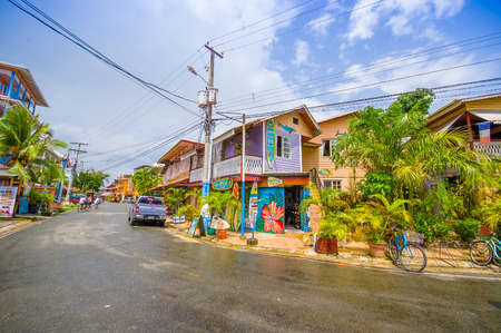 PANAMA, PANAMA - APRIL 16, 2015:  Street view of Isla Colon which is the most populated island in the Bocas del Toro archipelago, and the capital of the Bocas del Toro province.のeditorial素材