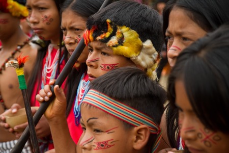 ZAMORA, ECUADOR - JUNE 19, 2010: Unknown people belonging to the Shuar indigenous community in the ecuadorian jungle.のeditorial素材