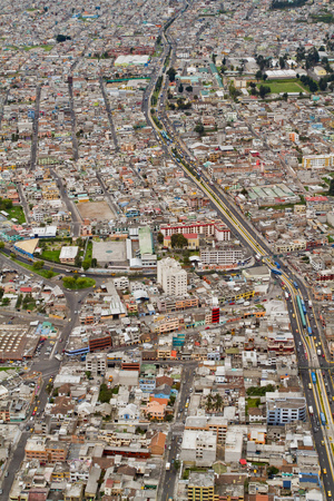 Aerial photo of the south of Quito and its metropolitan transport system, Ecuadorの写真素材