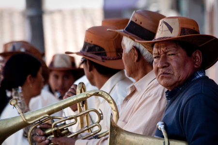 PICHINCHA, ECUADOR - OCTOBER 10, 2010: Unknown local indigenous people celebrating local festivities in Pintagのeditorial素材