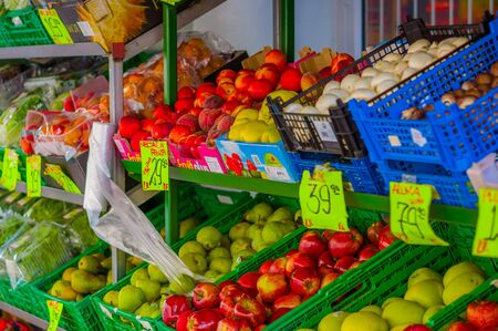 OSLO, NORWAY - 8 JULY, 2015: Typical vegetable market in Torggata where many immigrants run successfull food related businesses with a great variety of products.のeditorial素材