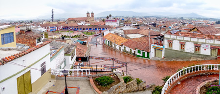 ZIPAQUIRA, COLOMBIA - FEBRUARY 3, 2015: Overview during a rainy day at beautiful historic city Zipaquira, located in the middle of Colombia, 48 km from Bogota.のeditorial素材