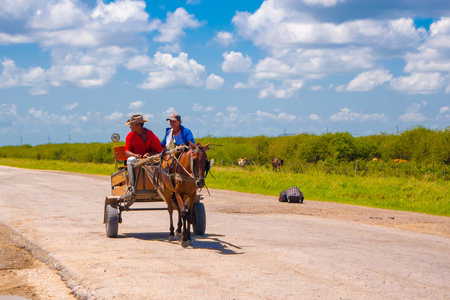 SANCTI SPIRITUS, CUBA - SEPTEMBER 5, 2015: Horse and a cart on a street in rural, Cuba.のeditorial素材