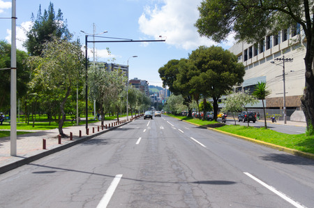 QUITO, ECUADOR- MARCH 20, 2015: Great image from modern part of Quito mixing new architecture with charming streets and green sourroundings.のeditorial素材