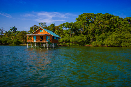 BOCAS DEL TORO, PANAMA - APRIL 23, 2015 : Wooden Pier on Bocas del Toro province of Panama comprising an archipelago off the Caribbean coast.のeditorial素材