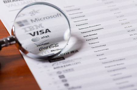 QUITO, ECUADOR - AUGUST 24, 2015: Closeup magnifying glass over paper with Visa company logo visible.のeditorial素材