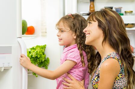 Mother holding up daughter in modern kitchen opening fridge door looking inside happily.の写真素材