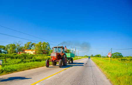 CENTRAL ROAD, CUBA - SEPTEMBER 06, 2015: amazing view of vintage retro classic truck riding in the...