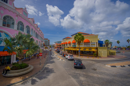 ORANJESTAD, ARUBA - NOVEMBER 05, 2015: Streets of Aruba Island, downtown shopping district with tram tracksのeditorial素材