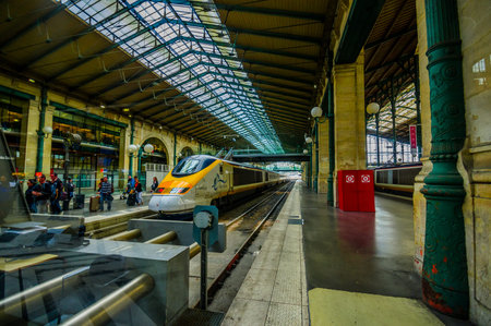 PARIS, FRANCE - JUNE 1, 2015: Train in Gare du Nord station in Paris, the busiest railway station of...
