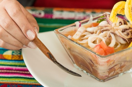Close up shot of delicious calamari ceviche, typical ecuadorian plateの写真素材