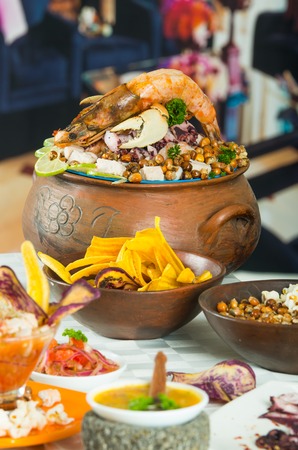 Delicious decorated seafood plates on a table, selective focusの写真素材