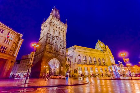 Prague, Czech Republic - 13 August, 2015: Famous Tower of powder as seen from street view on a beautiful evening.のeditorial素材