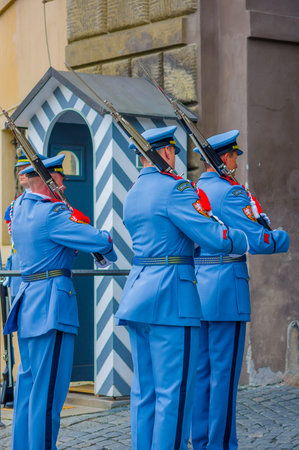 Prague, Czech Republic - 13 August, 2015: Palace guards on duty wearing their distinctive blue...