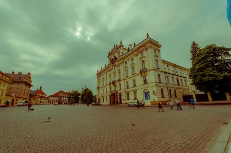Prague, Czech Republic - 13 August, 2015: City square located around St. Vitus cathedral. beautiful building in front.のeditorial素材