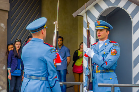 Prague, Czech Republic - 13 August, 2015: Palace guards on duty wearing their distinctive blue...