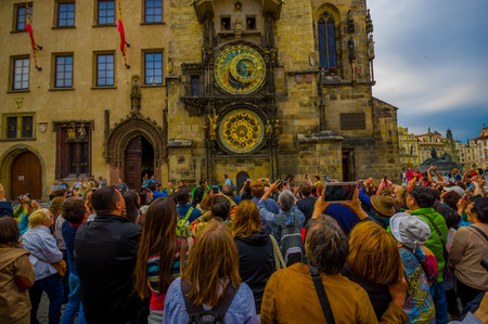 Prague, Czech Republic - 13 August, 2015: Closeup famous astronomical clock tower located in city centre.のeditorial素材
