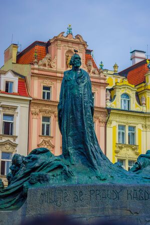Prague, Czech Republic - 13 August, 2015: Statue of Jan Hus located on old town square, beautiful plaza.のeditorial素材