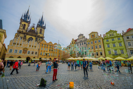 Prague, Czech Republic - 13 August, 2015: Steet view from lively and beautiful old town square, bridgestone plaza with fantastic architecture.のeditorial素材