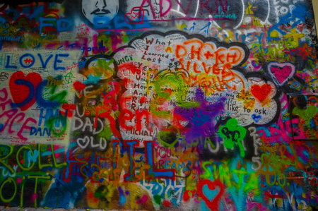 Prague, Czech Republic - 13 August, 2015: Famous John Lennon wall filled up with love inspired graffiti in city centre.のeditorial素材