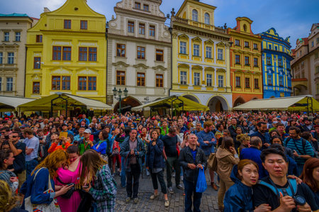Prague, Czech Republic - 13 August, 2015: Crowded and lively street view from old town square.