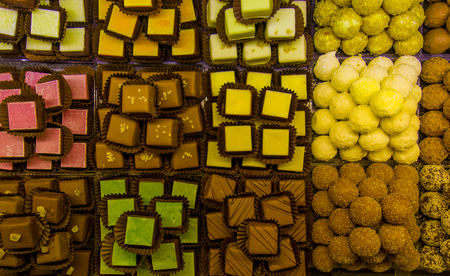 Vienna, Austria - 11 August, 2015: Selection of pastries in Vienna bakery with a great varied selection, as seen from above.のeditorial素材