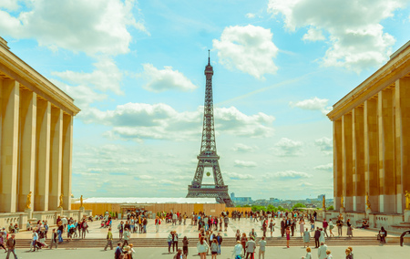 Paris, France June 1, 2015: Impressive Eiffel tower as seen from distance on a beautiful sunny day.のeditorial素材