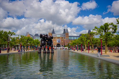 Amsterdam, Netherlands - July 10, 2015: Large water fountain located in front of the National Museum on a beautiful sunny day.のeditorial素材