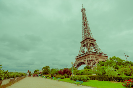 Paris, France June 1, 2015: Beautiful and world famous Eiffel Tower rises up from the city on a glorious sunny day.のeditorial素材