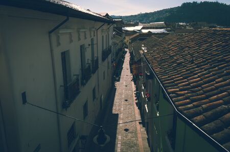 Shingle roofs and blocks street combined with flowers, historical center. Trees on the back in sepia filterの写真素材