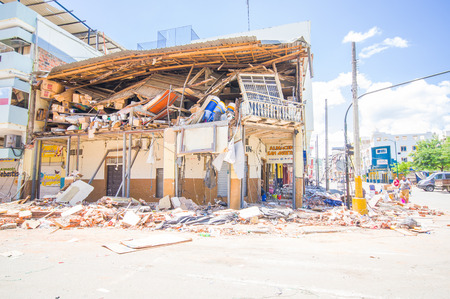 Portoviejo, Ecuador - April, 18, 2016: Building showing the aftereffect of 7.8 earthquake that destroyed the city center, and most of the Manabi province.のeditorial素材