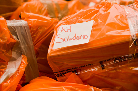 Quito, Ecuador - April 23, 2016: Disaster relief food, clothes, medicine and water for earthquake survivors in the coast. Gathered at Bicentenario Park.のeditorial素材