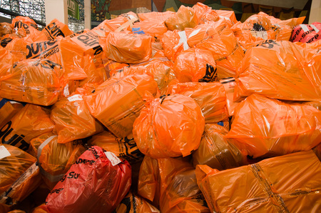 Quito, Ecuador - April 23, 2016: Disaster relief food, clothes, medicine and water for earthquake survivors in the coast. Gathered at Bicentenario Park.のeditorial素材