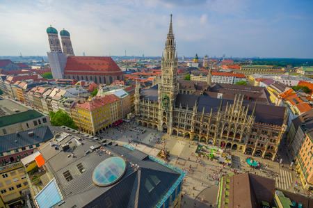 Munich, Germany - July 30, 2015: Spectacular image showing beautiful city hall building, taken from high up overlooking Munich.のeditorial素材