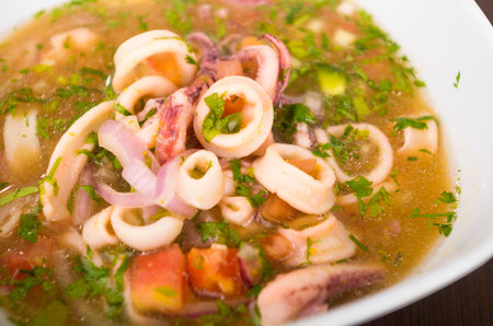 Traditional ceviche on ecuadorian style, squid and coriander with vegetables on a white dish