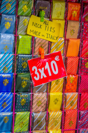FLORENCE, ITALY - JUNE 12, 2015: Nice colored shopping store, all kind of ties on sale. Every tie made on Italy.のeditorial素材