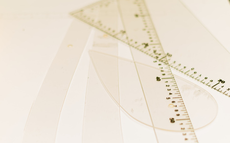 Plastic rulers with white background, measurement with centimeters and meters.の写真素材