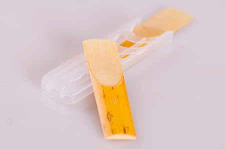 Closeup two reeds for saxophone lying on white surface.の写真素材