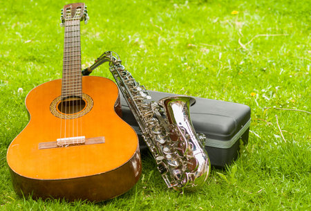Beautiful golden saxophone and acoustic guitar lying across black instumental case on grassy...