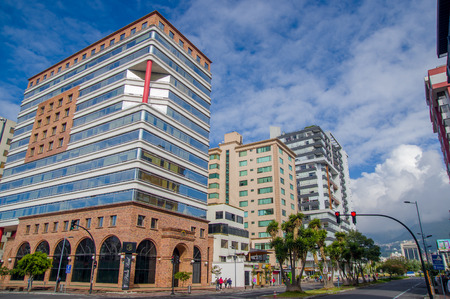 QUITO, ECUADOR - JULY 7, 2015: Very near from Carolina Park in the north part of the city, nice part with commercial buildings.のeditorial素材