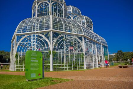 CURITIBA ,BRAZIL - MAY 12, 2016: nice side view of the metallic structure of the greenhouse in the botanical graden.のeditorial素材