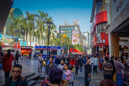 SHENZEN, CHINA - 29 JANUARY, 2017: Lao Gie market district, beautiful mix of traditional chinese and modern architecture, people shopping walking around, great blue skyのeditorial素材