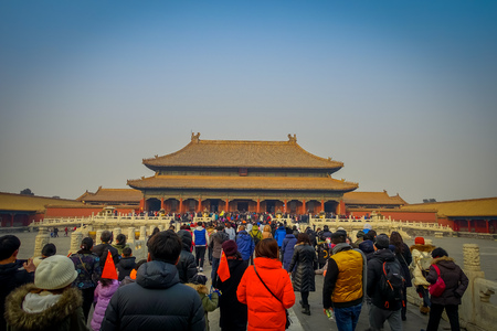 BEIJING, CHINA - 29 JANUARY, 2017: Beautiful temple building inside forbidden city, typical ancient Chinese architecture, tourists scattered around.のeditorial素材