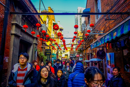 SHANGHAI, CHINA - 29 JANUARY, 2017: Walking around the french concession district of Shanghai, popular destination for tourists with charming streets, shops and restaurantsのeditorial素材