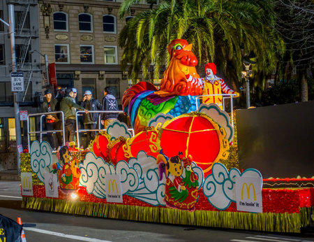 San Francisco, California - February 11, 2017: Chinese new year celebration parade in the popular and colorful Chinatown neighborhood in San Francisco.のeditorial素材