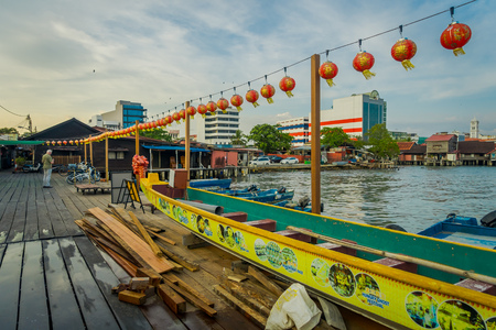 George Town, Malaysia - March 10, 2017: Clan Jetties are unique Chinese settlements existing since the 19th century, along these wooden pier are villages that house the descendants of Chinese immigrants.のeditorial素材